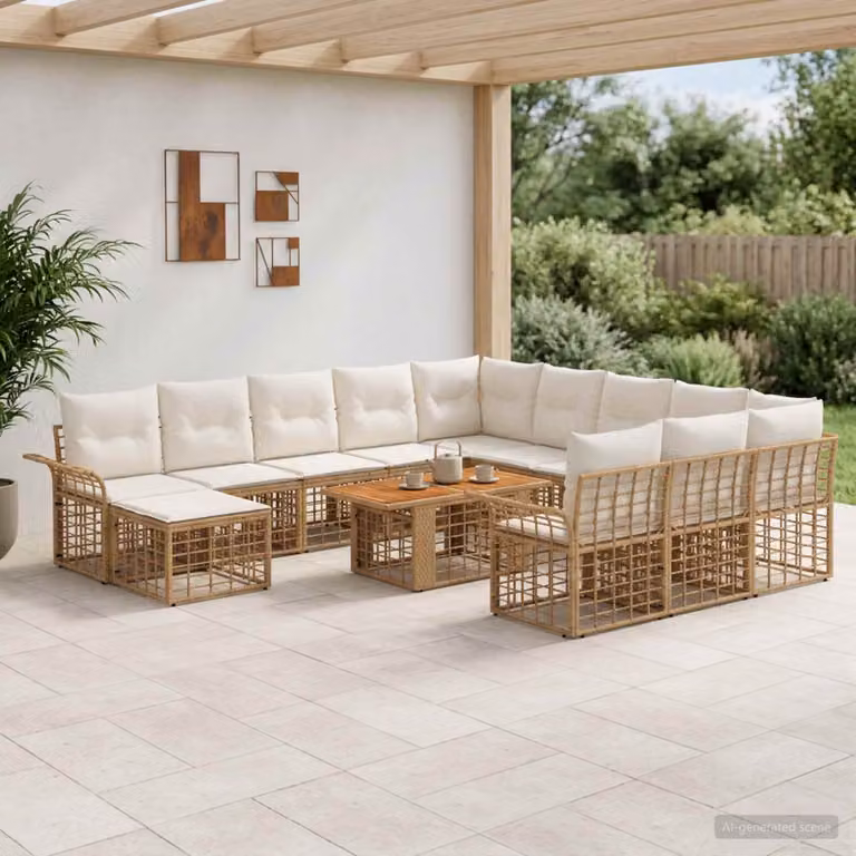 Set Divano da Giardino vidaXL 13 pz a forma di U in rattan con cuscini beige e bianco per esterno