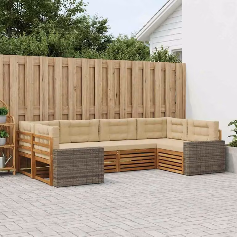 Set di divani da esterno vidaXL a forma di L composto da 6 pezzi in legno di acacia con cuscini beige e marrone