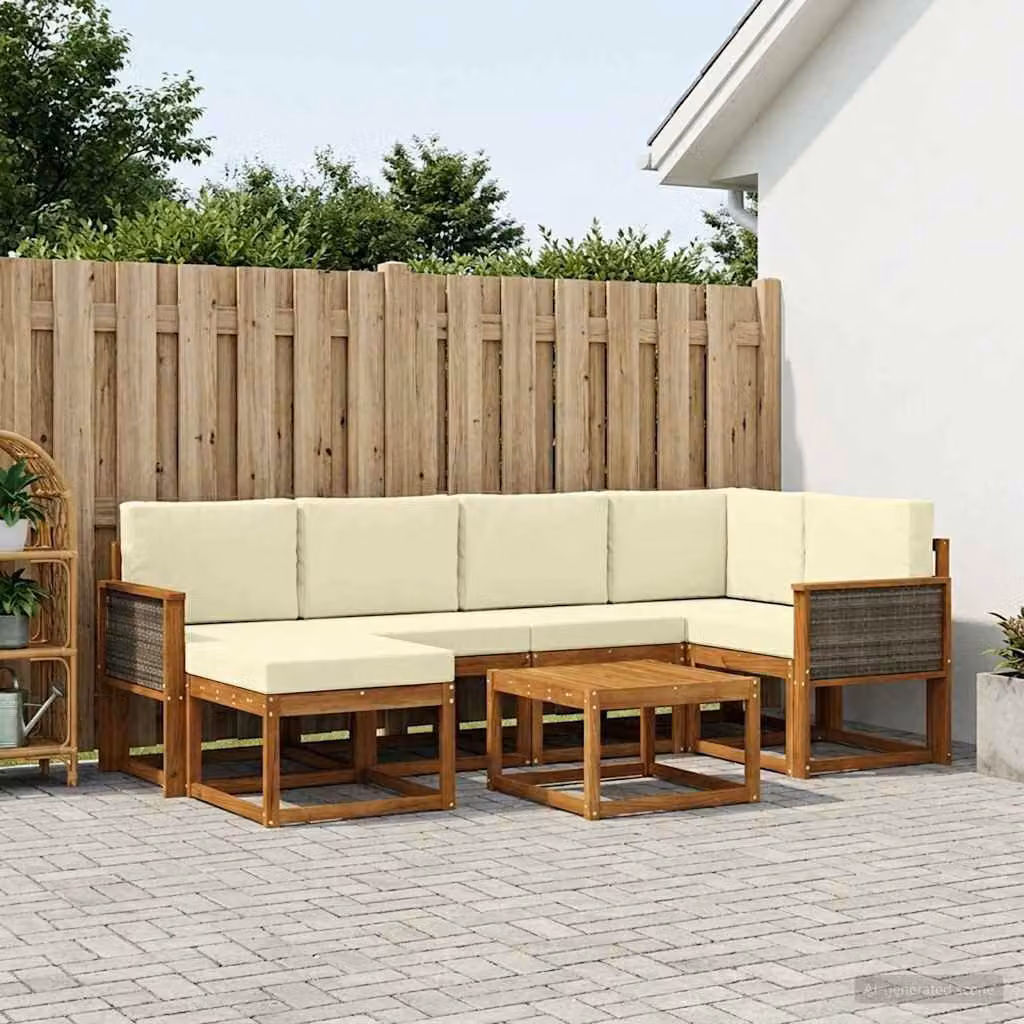 Set di divani da esterno vidaXL 7 pz in legno di acacia con cuscini, colore marrone, beige e bianco, composizione a L con angolo a destra, tavolo da caffè e pouf