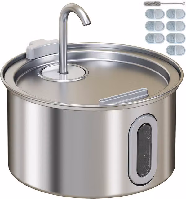 Fontanella per gatto PawHut in acciaio inox con luce LED e 2 modalità di flusso, Argento, L/P/H: 19.4 x 19.4 x 18.7 cm – 1
