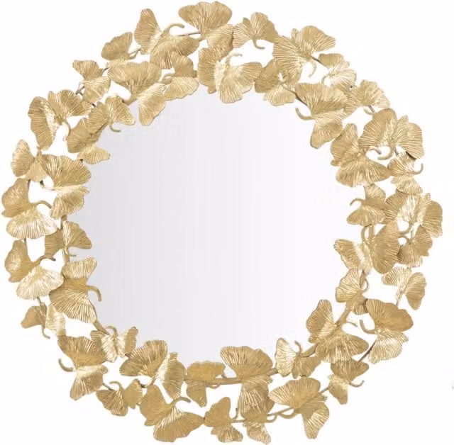 Specchio da parete rotondo Foglie Vikasa Home con cornice in metallo dorato, Diametro: 87 cm
