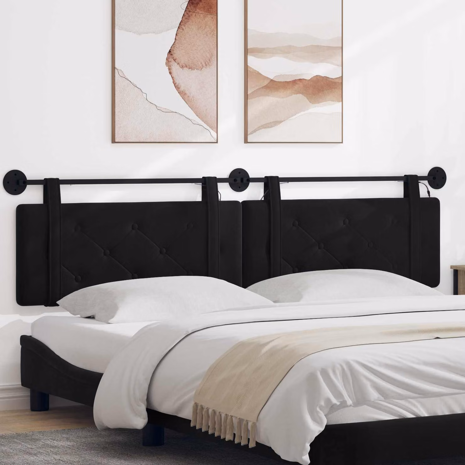 Testiera del letto sospesa vidaXL in velluto nero con luce LED integrata