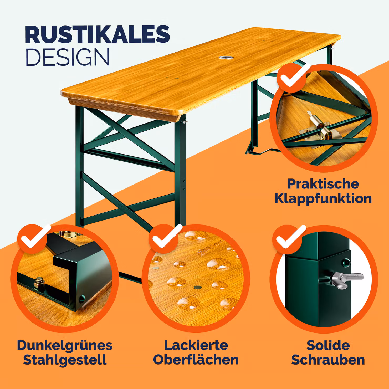 Tavolo da birreria da giardino Casaria pieghevole regolabile in legno e metallo marrone L: 170 cm – 2