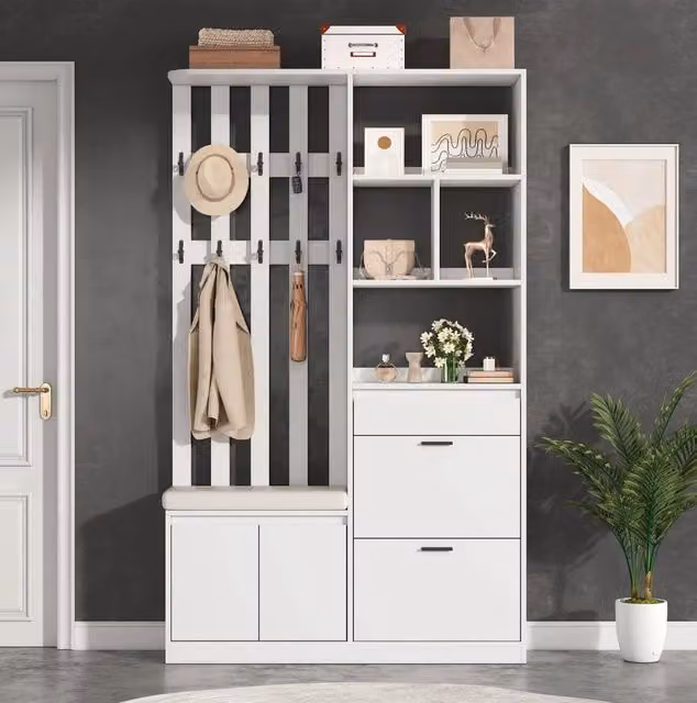 Guardaroba da ingresso 120x30x200 cm con panca imbottita e 10 ganci in MDF bianco