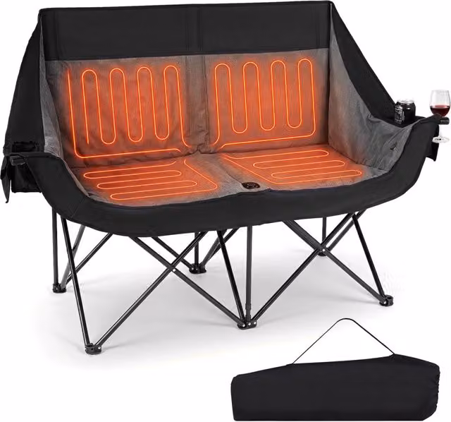 Sedia da campeggio doppia riscaldata con 4 zone di riscaldamento e 3 livelli di calore, colore nero, ideale per picnic e pesca