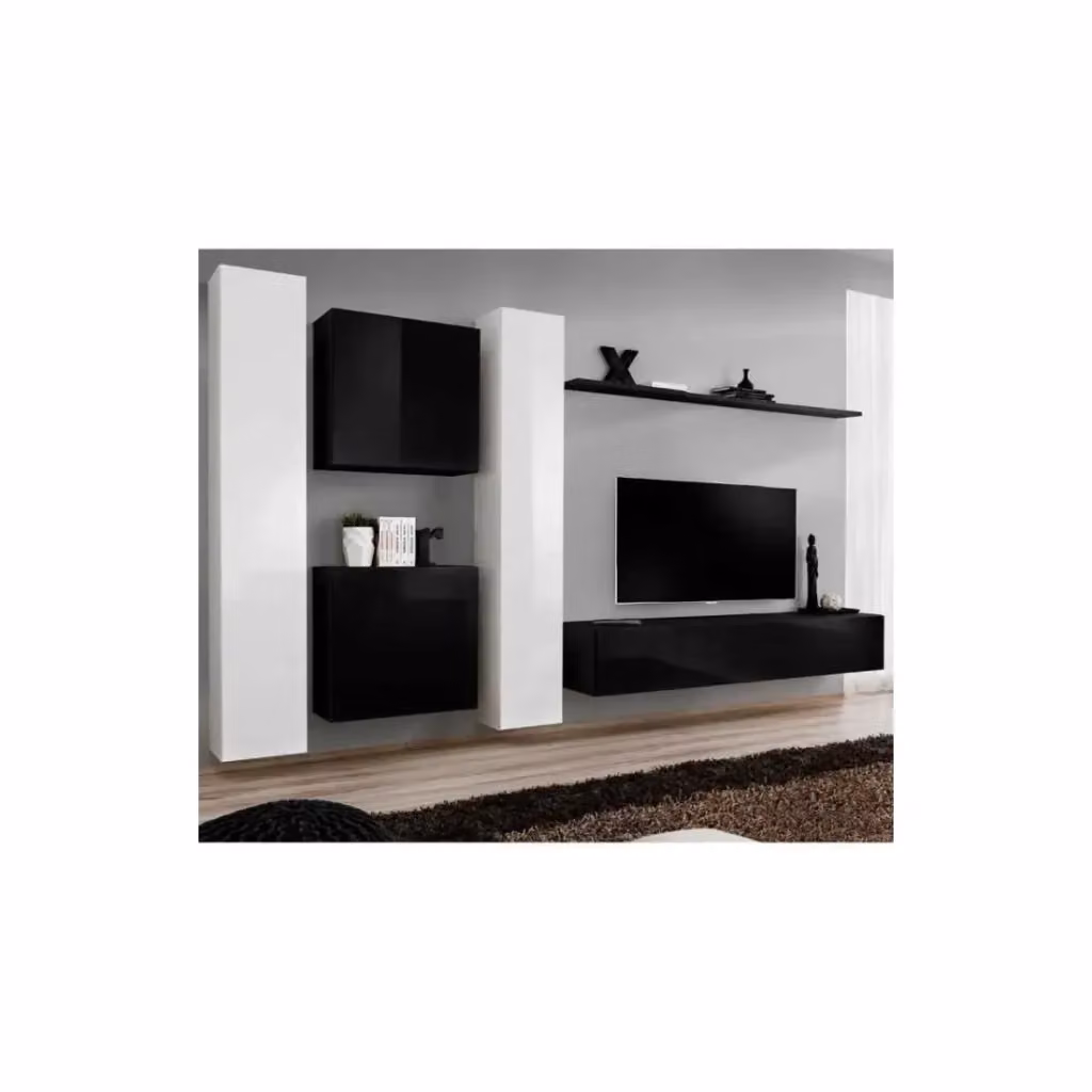 Composizione murale Meublorama SWITCH VI con mobile TV e colonne sospese, design moderno nero e bianco lucido, L: 330 cm x H: 180 cm x P: 40 cm – 2