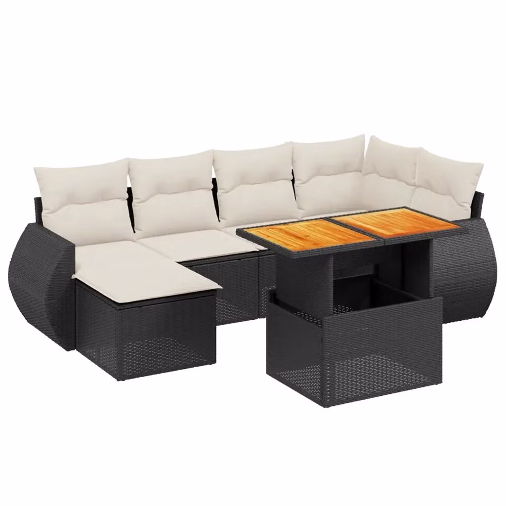 vidaXL Set Divani da Giardino a L con Cuscini 7pz in Polyrattan Nero e Legno di Acacia – 2
