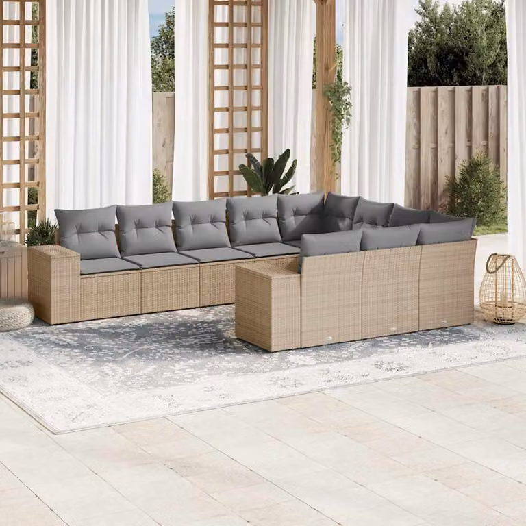vidaXL Set Divano da Giardino a L 10 pz con Cuscini Beige in Polyrattan e Struttura in Acciaio