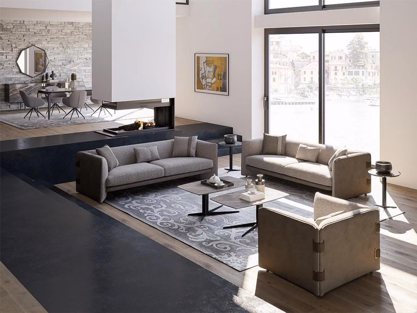Grau Wohnzimmer Set 7tlg Modern 2x Sofas Dreisitzer Polstermöbel Sessel