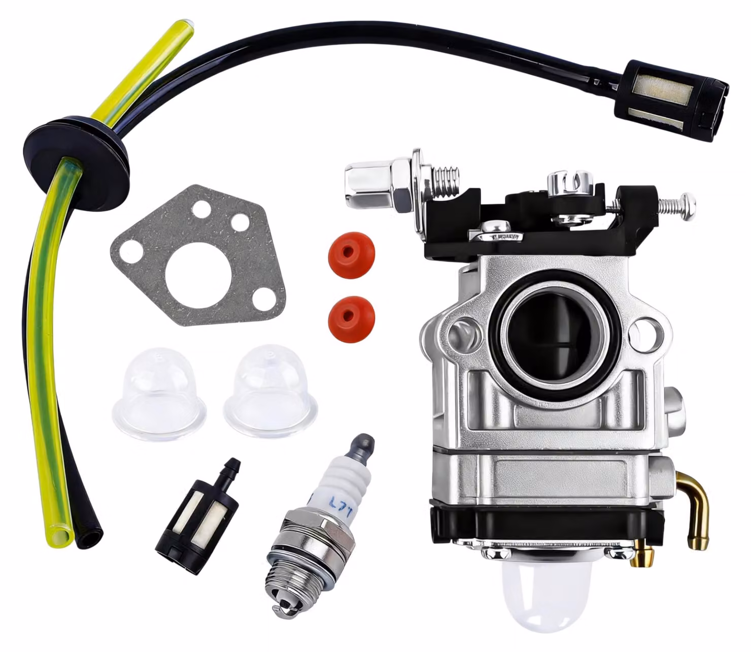 Carburatore per decespugliatore, disponibile per motori da 52 cc, 49 cc e 43 cc, kit completo con guarnizioni, tubo carburante, candela e filtro benzina