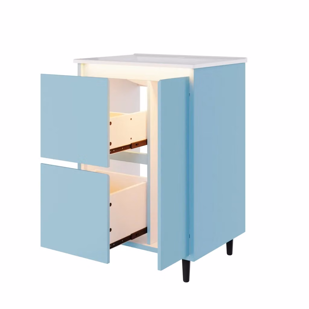 Mobile Sottolavabo Minimal con Lavabo Integrato in Ceramica Blu, L: 61 cm, P: 46.5 cm, H: 87 cm, con Due Cassetti e Chiusura Soft-Close – 2