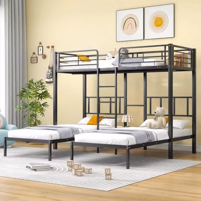 Letto a castello triplo per bambini ¨C Minimal ¨C Metallo nero 90x200cm con scala e tavolo