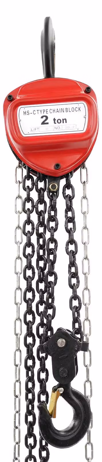 Tirante a catena manuale - Forma triangolare - Altamente efficiente - Acciaio al manganese G80 - Capacità di carico 2 tonnellate - Altezza di sollevamento 6 metri - Colore: rosso