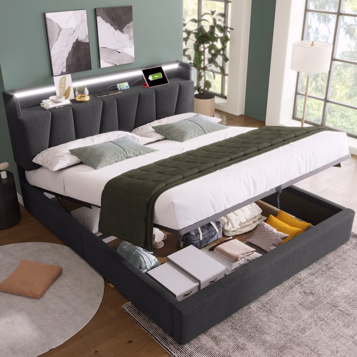 Letto imbottito Sweiko letto matrimoniale con testata contenitore con funzione di ricarica USB e illuminazione a LED, struttura letto contenitore 160x200cm, grigio