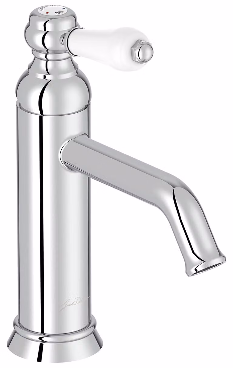 Miscelatore per lavabo in stile retrò, con maniglia in Vetroceramica, a risparmio idrico, dimensioni 17x23,2x5,5 cm, finitura cromata