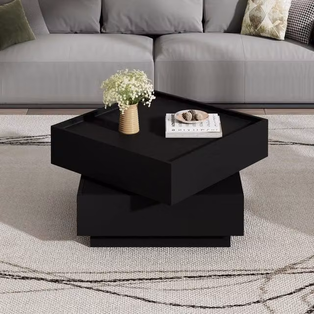 Tavolino da caffè girevole a 360° con 2 cassetti in truciolare nero; 60 x 60 x 38 cm