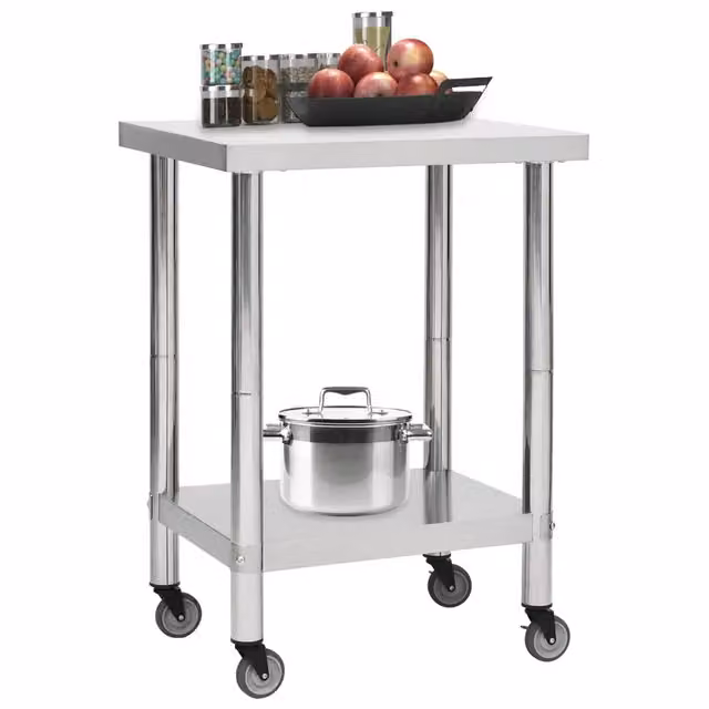 Tavolo da lavoro per cucina con ruote vidaXL in acciaio inox color argento L/P/H: 60 x 30 x 85 cm