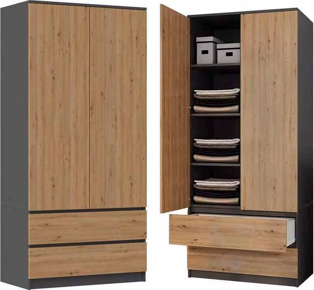 Armadio moderno MALWA SS-90 antracite e rovere con ante a battente e sistema push to open L/P/H: 90 x 50 x 180 cm