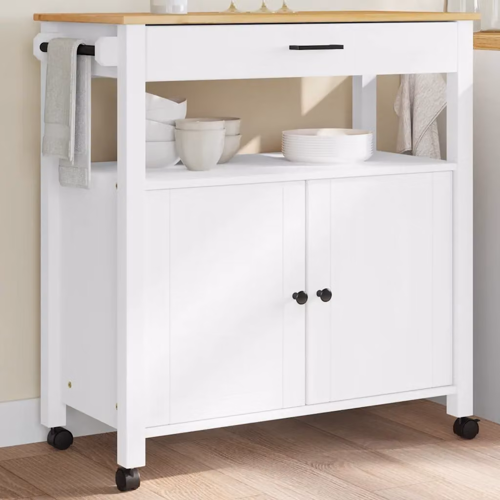 vidaXL Carrello da Cucina MONZA in Legno di Pino Bianco con Ruote L/P/H: 84 x 40 x 88,5 cm