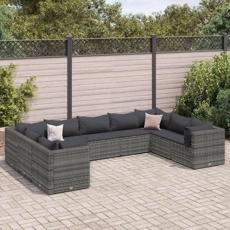 Set di divani da giardino vidaXL a forma di L composto da 9 pezzi con cuscini in antracite e grigio con struttura in metallo e rattan