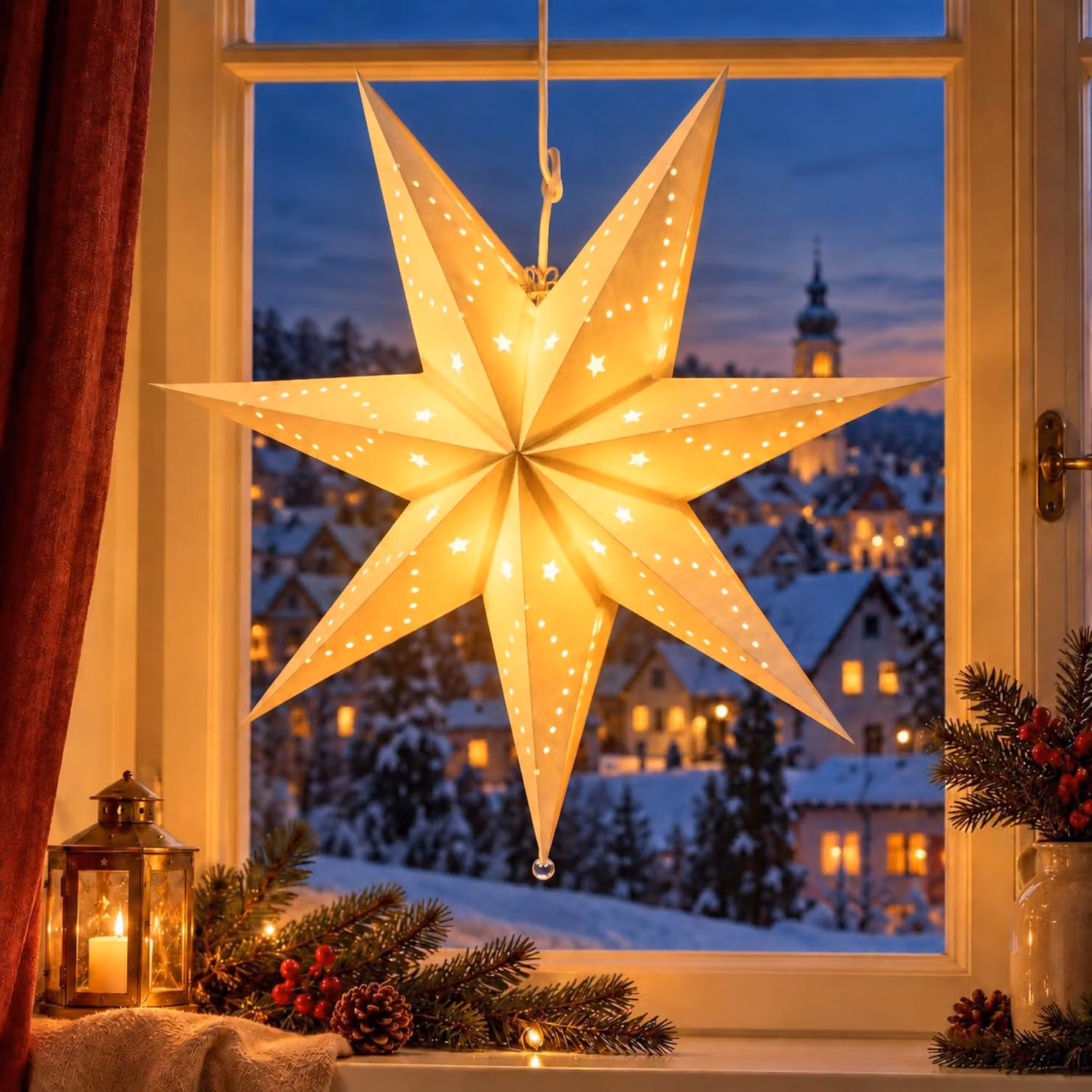 Stella di carta a LED, 55 cm, luce bianco caldo, attacco E14, appendibile, stella di Natale tridimensionale