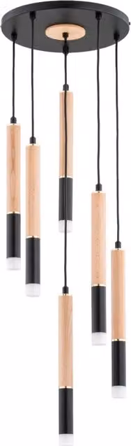 Lampada a sospensione moderna Rodeo Alfa in nero, legno e oro con 6 lampadine G9
