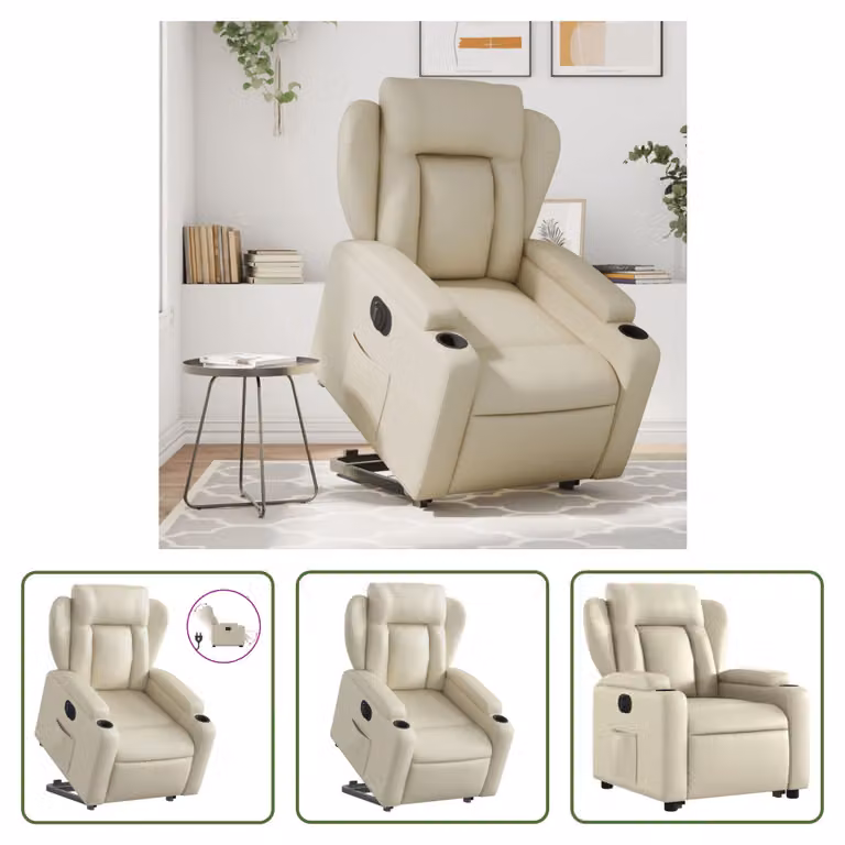 The Living Store Poltrona relax con supporto elettrico in Pelle finta color crema