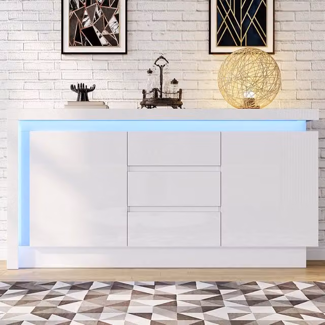 Credenza 140x35x72cm - Xylo - 3 Cassetti e 2 Ante Lucide con LED, Bianco
