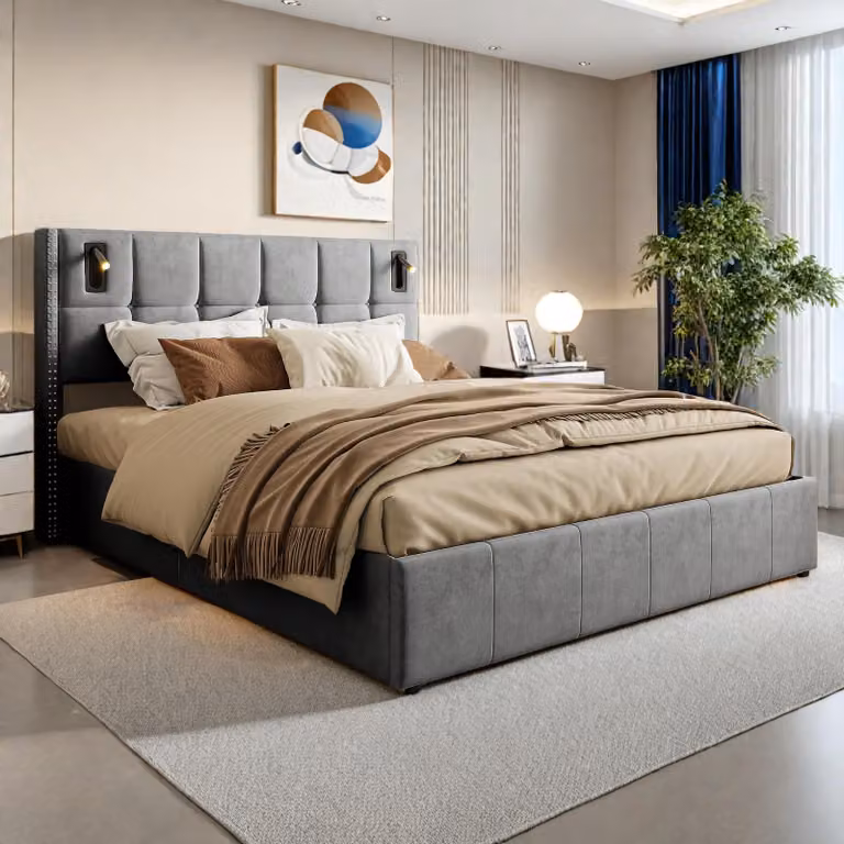 Letto imbottito ProximaX 160 x 200 com, letto matrimoniale con luce di lettura, letto contenitore idraulico con doghe in legno massiccio e metallo, grigio