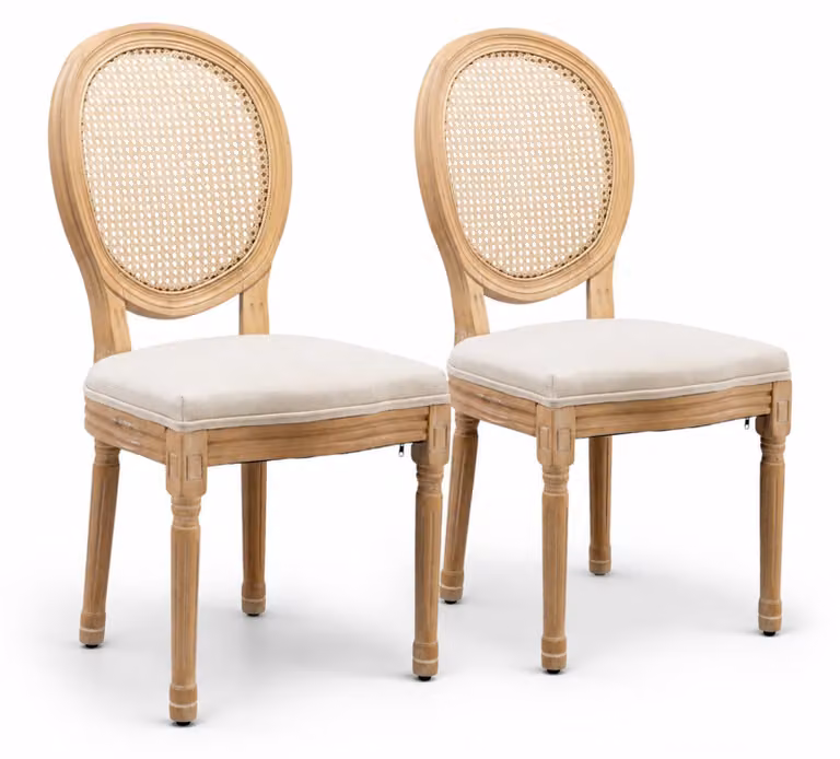 Set di 2 sedie da pranzo in lino, con schienale ovale in rattan e struttura in legno di gomma, color beige