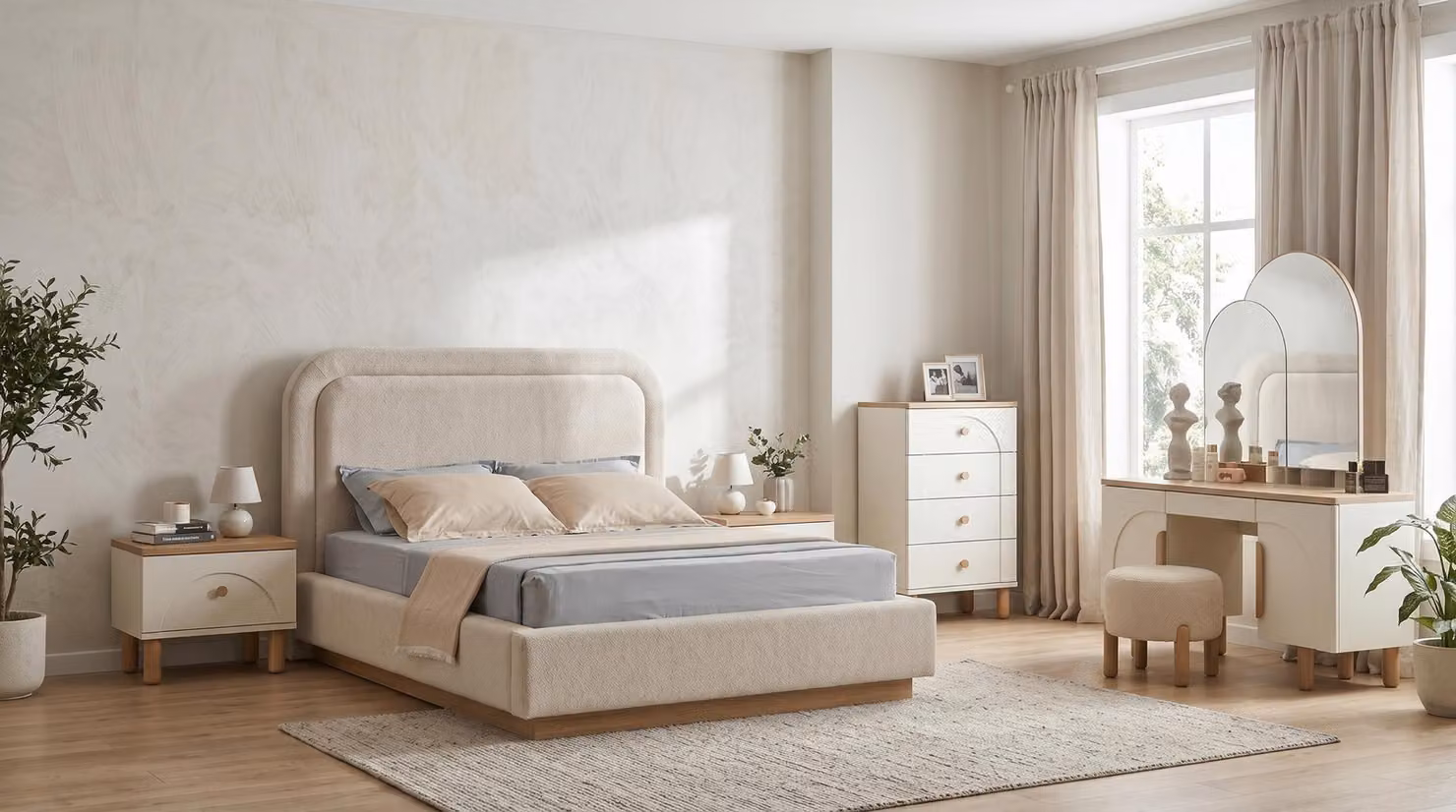 Set per camera da letto: letto elegante, due comodini, una cassettiera, una scrivania, tutti in bianco