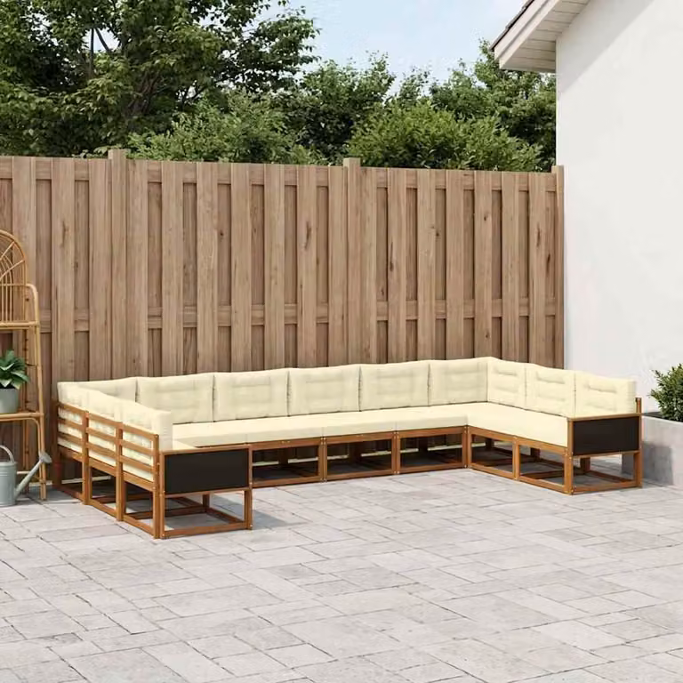 Set di divani da esterno vidaXL a forma di U composto da 10 pezzi in legno di acacia con cuscini in tessuto beige e marrone
