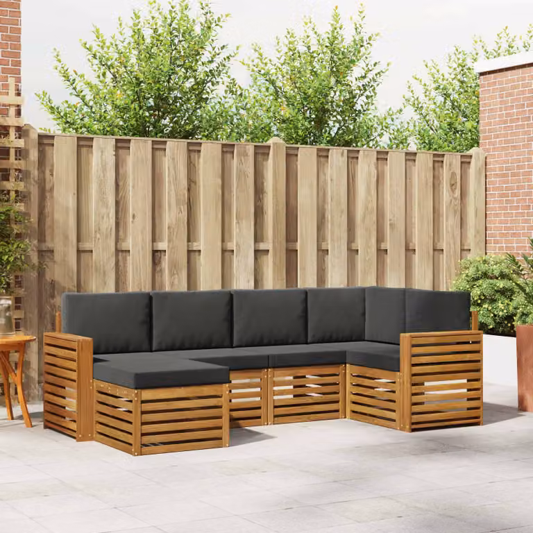 vidaXL Set di divani da esterno a L in legno di acacia con cuscini, 6 pezzi, Beige e Antracite