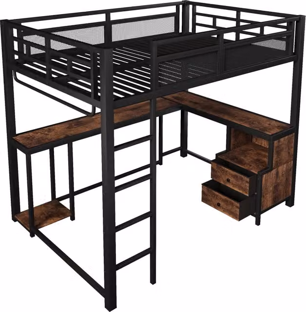 Letto a soppalco matrimoniale 140x200 in metallo nero con scrivania, LED e USB