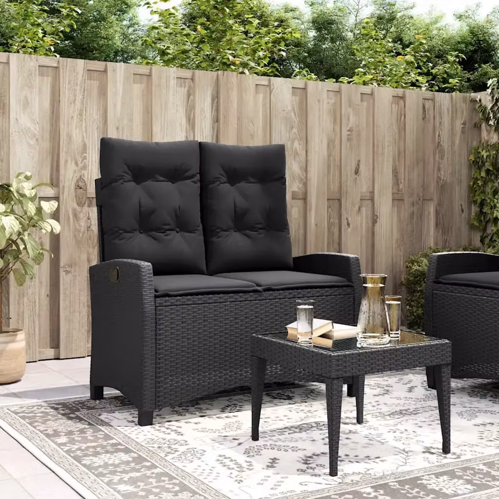 Panchina da Giardino Reclinabile in Polyrattan e Metallo con Braccioli e Cuscini Neri Design Moderno – 2