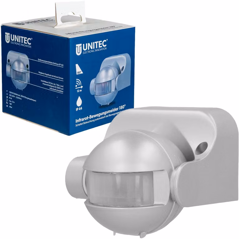 Sensore di movimento a infrarossi, inclinabile, grado di protezione IP44, portata 180 gradi, colore argento