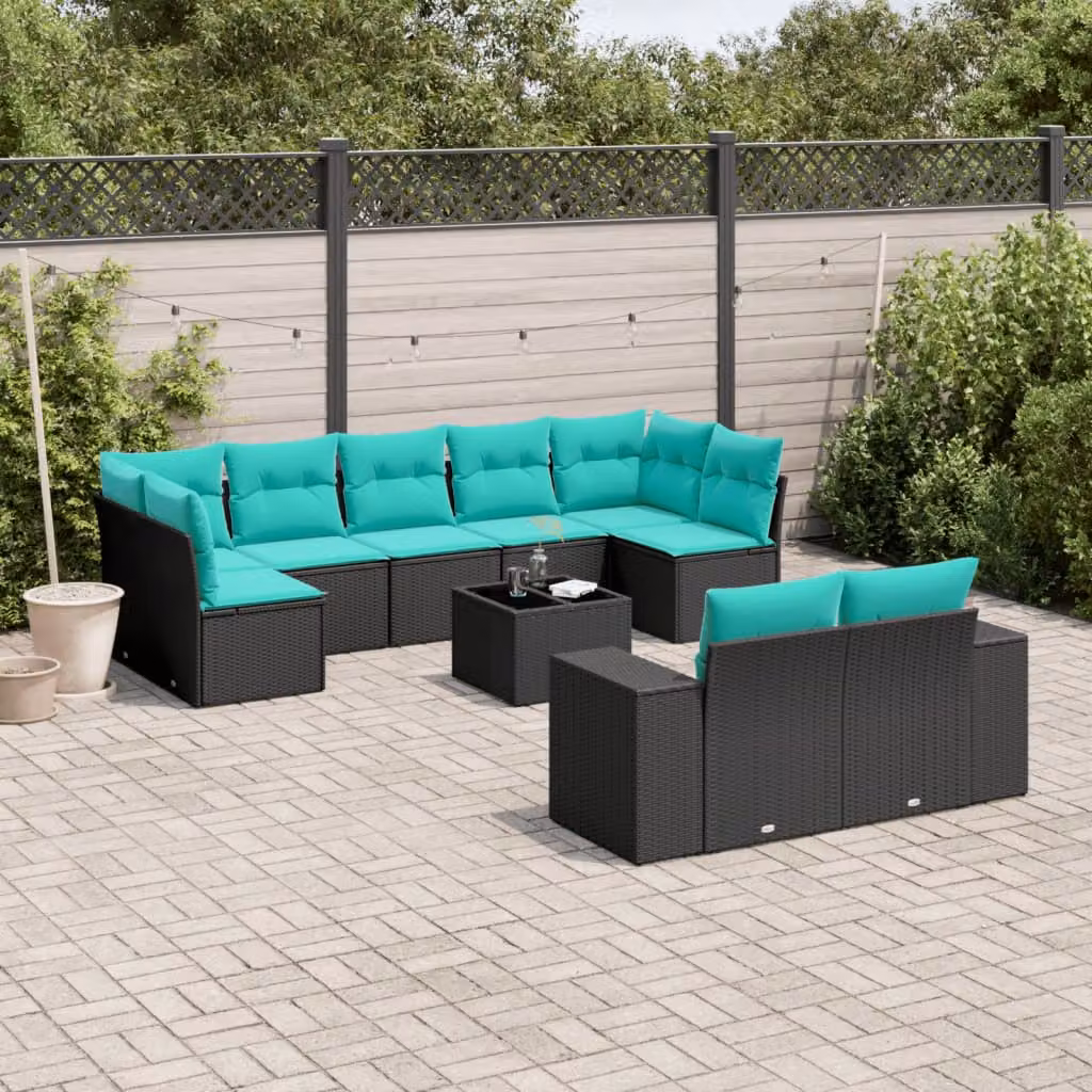 Set di divani da giardino vidaXL in polyrattan nero con cuscini e tavolino da esterno a forma di L