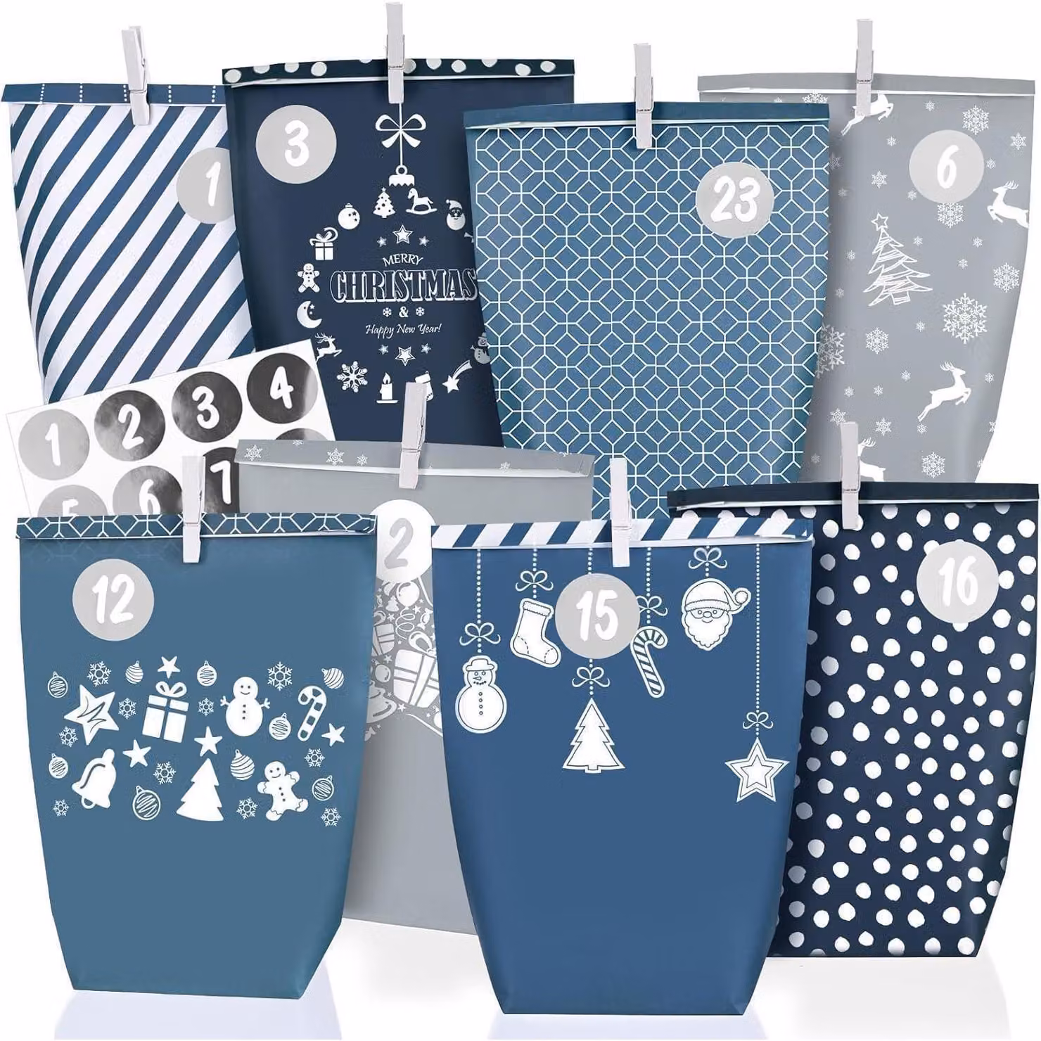 Calendario dell'Avvento con sacchetti di carta, dimensioni 22x16x6 cm, riutilizzabili, colore blu
