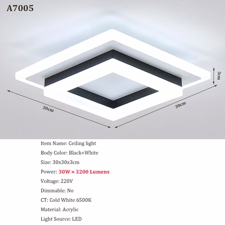 Pannello LED quadrato - Modello A7005 - Materiale: acrilico - Temperatura di colore: 6500 K - Tensione: 220 V - Non dimmerabile - Adatto per ambienti di 3-5 m² - Montaggio a soffitto