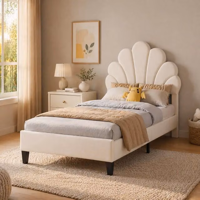 Letto imbottito 90 x 200 cm beige con testiera a fiore e rete a doghe