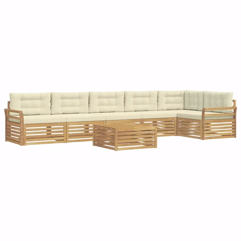 Set di divani da esterno a L vidaXL in legno di acacia con tavolo da caffè e cuscini, Bianco e Beige – 2