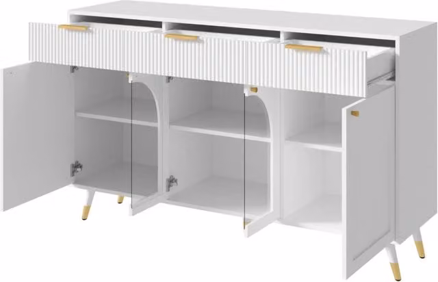 Madia bianca con 4 ante e 3 cassetti in MDF, 140x40x85,5 cm, porte acriliche trasparenti e gambe in legno