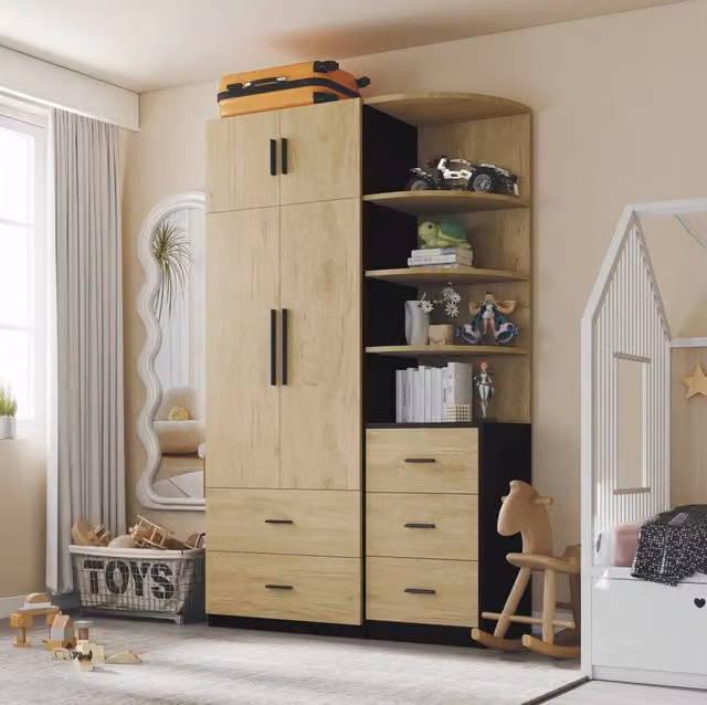 Armadio MODFU con ante a battente, cassetti interni e barra appendiabiti, L/P/H: 110 x 40 x 186 cm, nero e beige