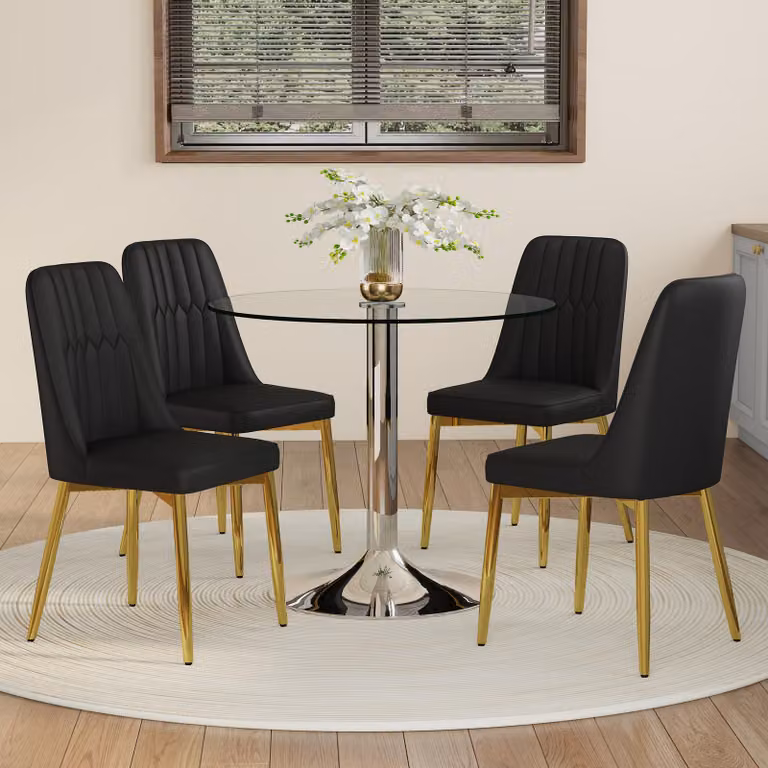 Set da pranzo, tavolo in vetro diametro 85 cm, 4 sedie in poliuretano, gambe dorate (colori: nero e oro, argento)