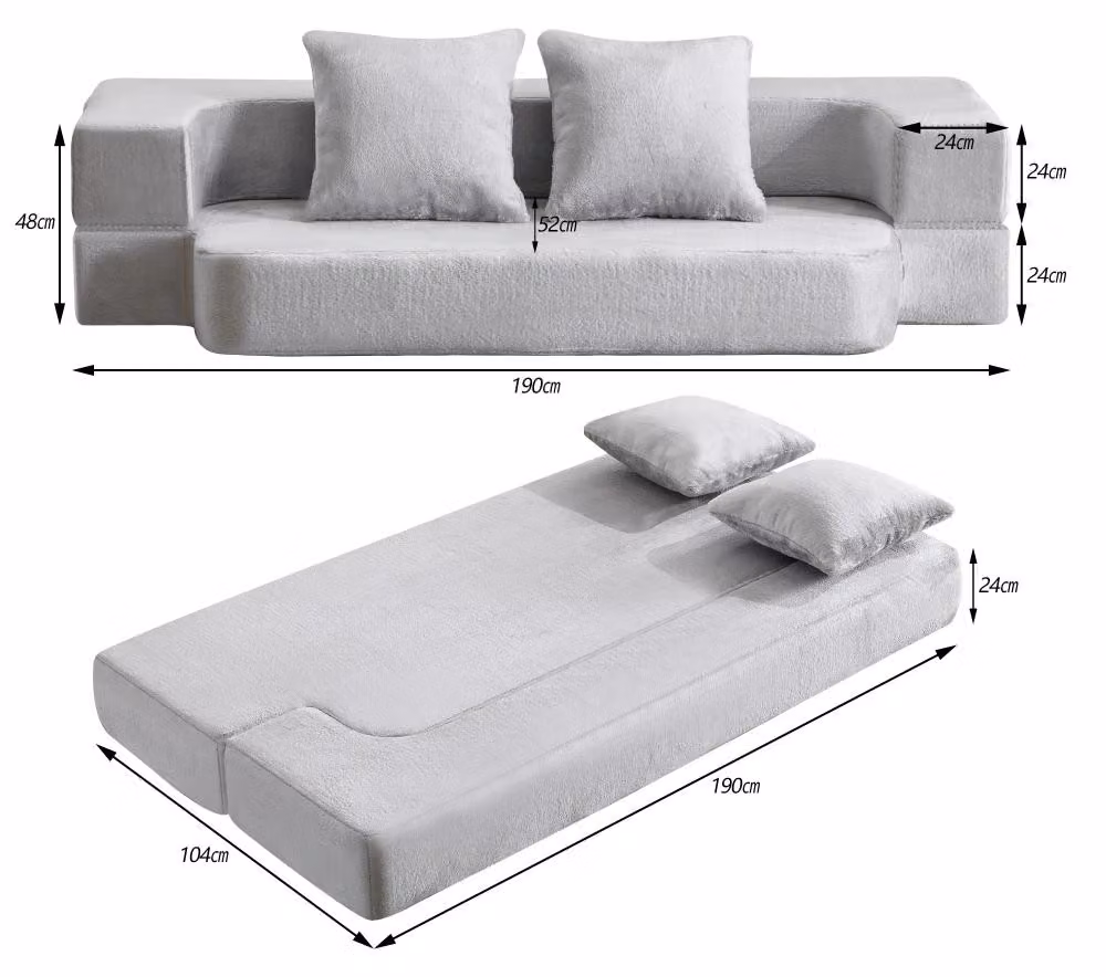 Divano letto 2 posti, modello 2-in-1 - Divano trasformabile moderno - Non richiede montaggio - Imbottitura in schiuma - Comfort di seduta medio-morbido - Braccioli squadrati - Schienale imbottito - Grigio chiaro