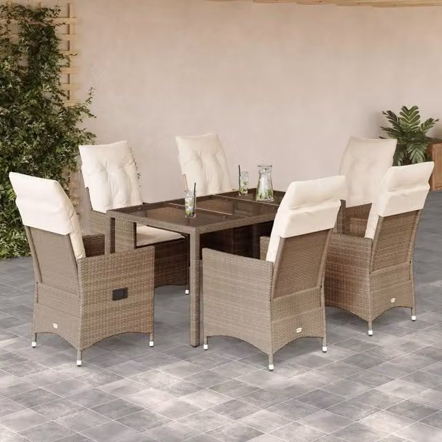 Set da pranzo da giardino vidaXL in polyrattan con cuscini beige e piano in vetro, 7 pezzi