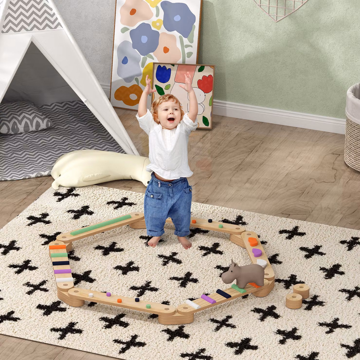 Trave di Equilibrio AIYAPLAY in Legno con Pietre Ostacolo Colorate per Bambini 3-8 anni, Multicolore, L: 130 cm, P: 115 cm, H: 8.5 cm – 2