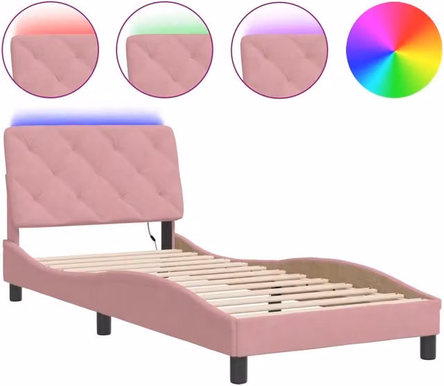 Letto singolo | Letto per adulti | Giroletto con LED senza Materasso Rosa 90x200 cm in Velluto