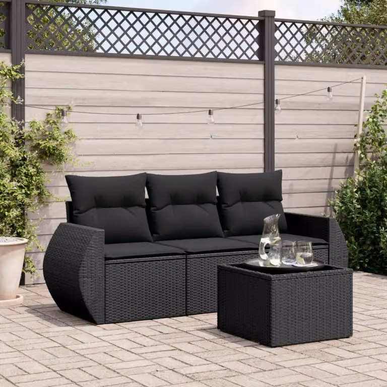 Set da giardino vidaXL composto da 4 pezzi in polyrattan nero con cuscini inclusi