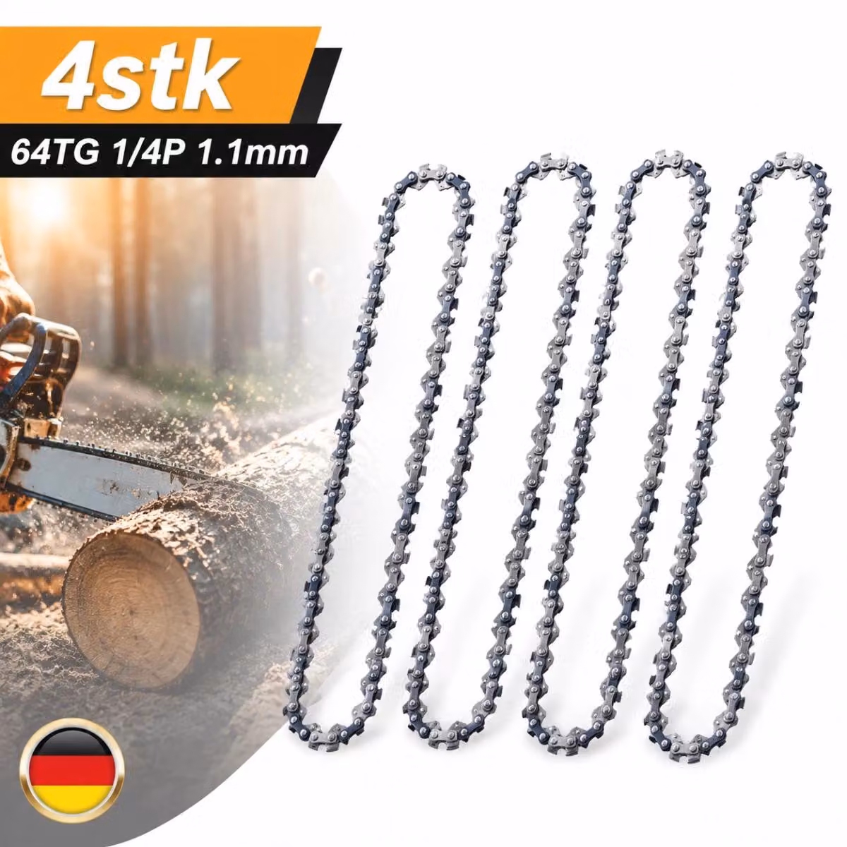 Set di catene per motosega, passo 3/8, lunghezza 30 cm, 64 maglie, passo 1,1 mm, attacco 1/4 di pollice, compatibile con Stihl